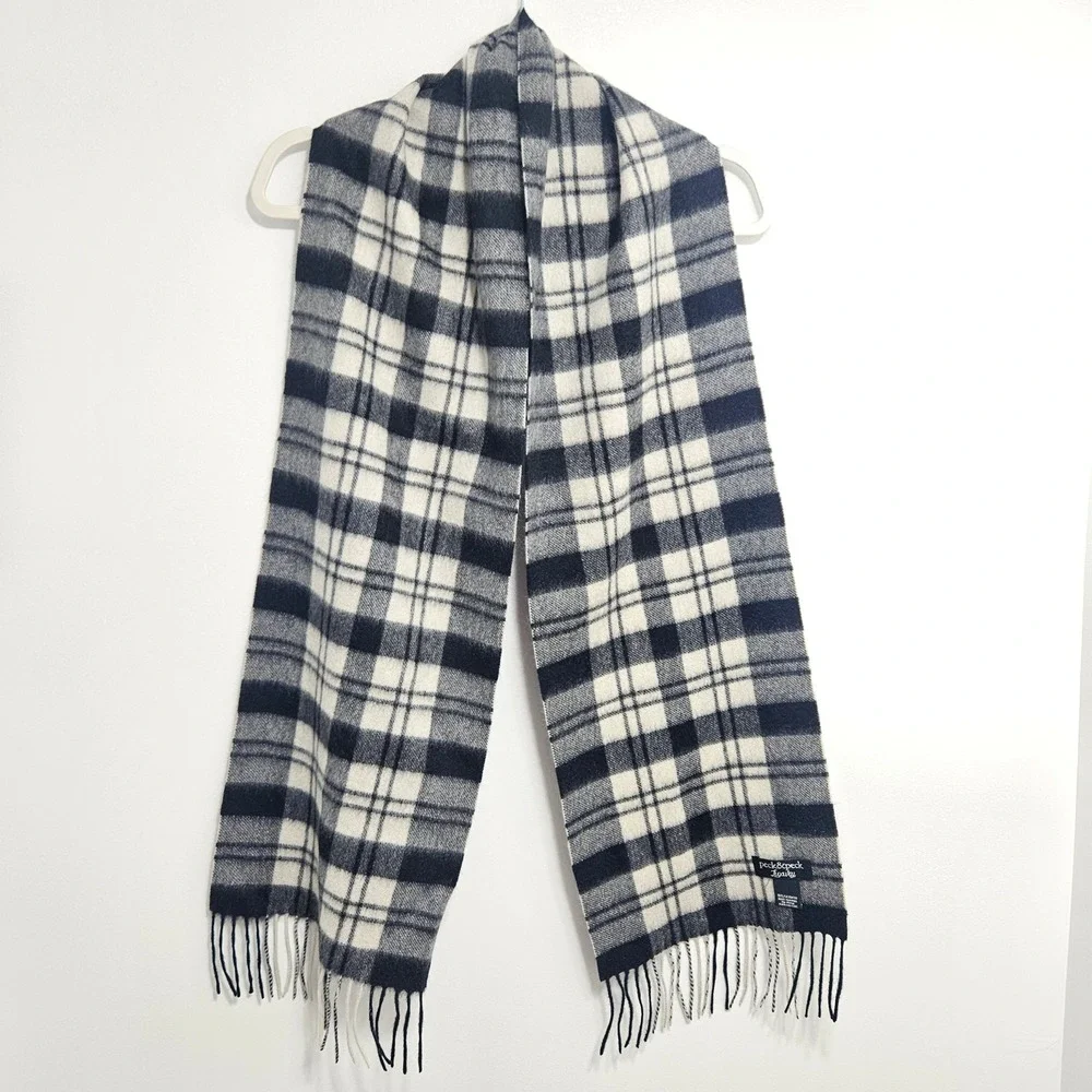 Peck & Peck‎ Cashmere Scarf Luxury Cozy Plaid Check Fringe Wrap Black Cream